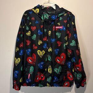 Members Only x K. Haring- Colorful Heart Faces Black Windbreaker Hood- Size L